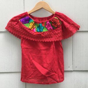Handmade Girls Embroidered Mexican Blouse - Size 6 - Off the Shoulder Blouse